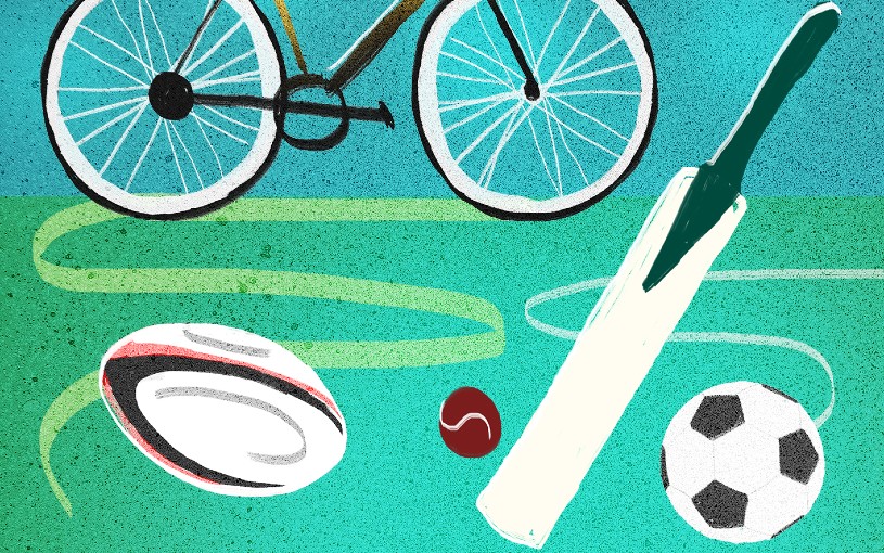Rugby ball, bike, cricket ball and football illustration